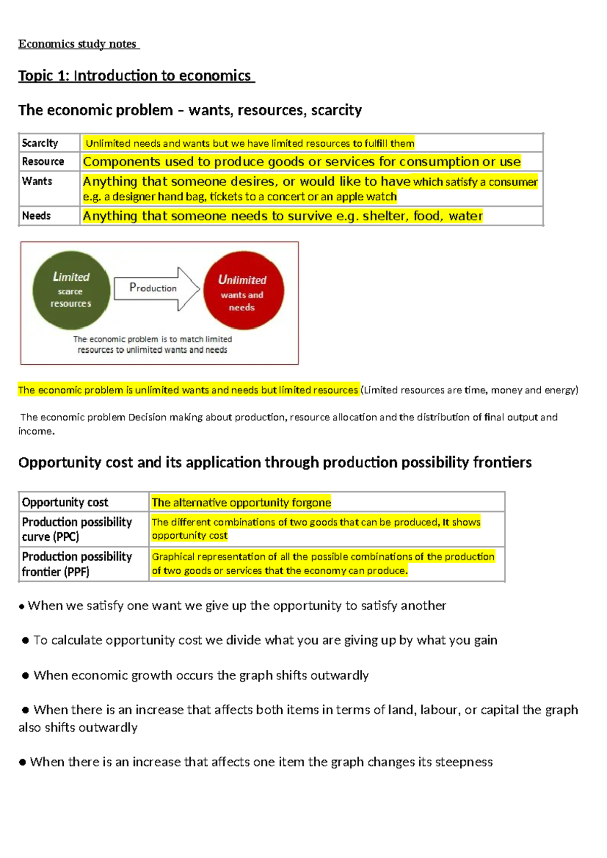 Economics study notes Y11 - Economics study notes Topic 1: Introduction ...