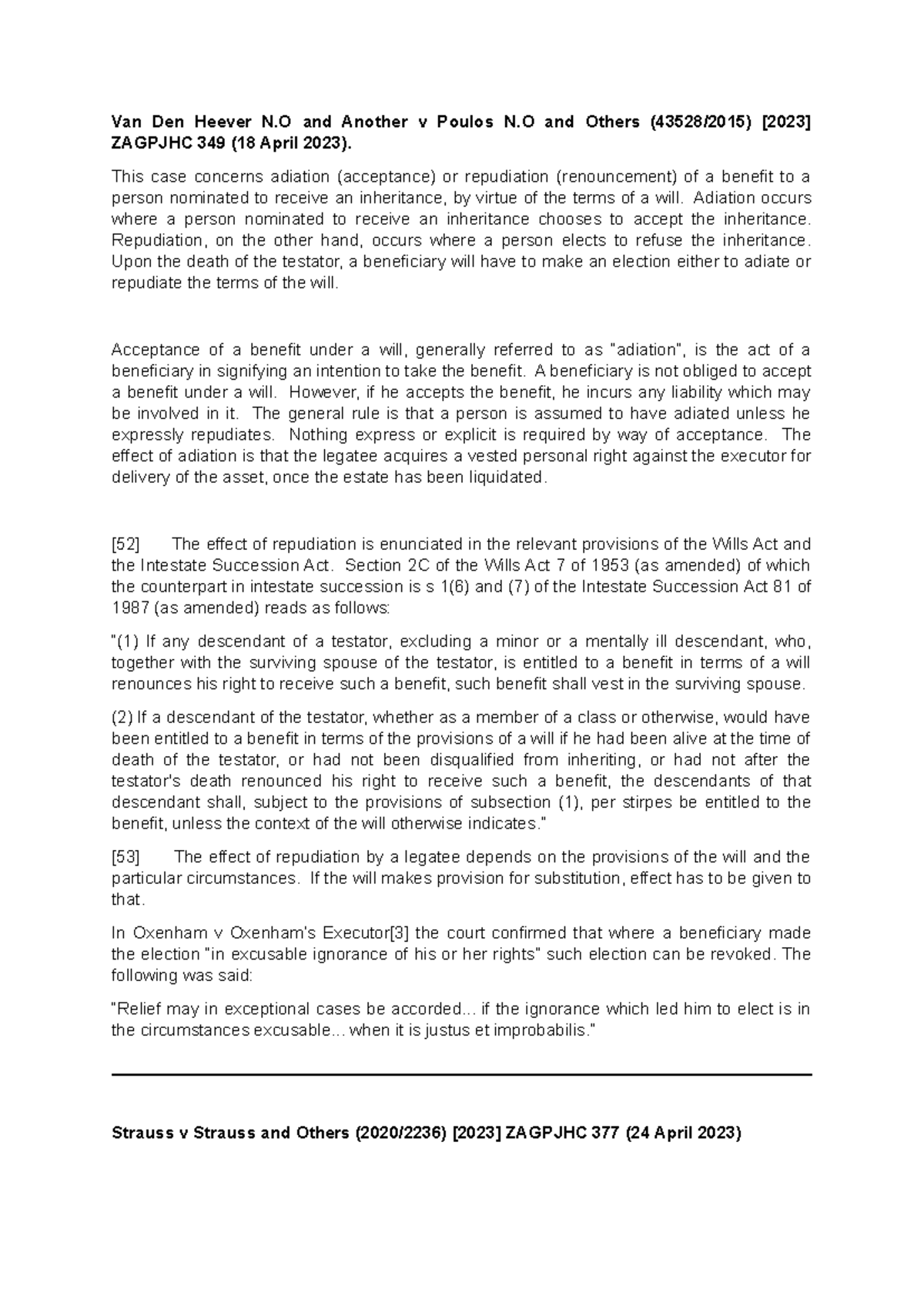 Adiation and Repudiation in Inheritance: Case Analysis ZAGPJHC 349 ...