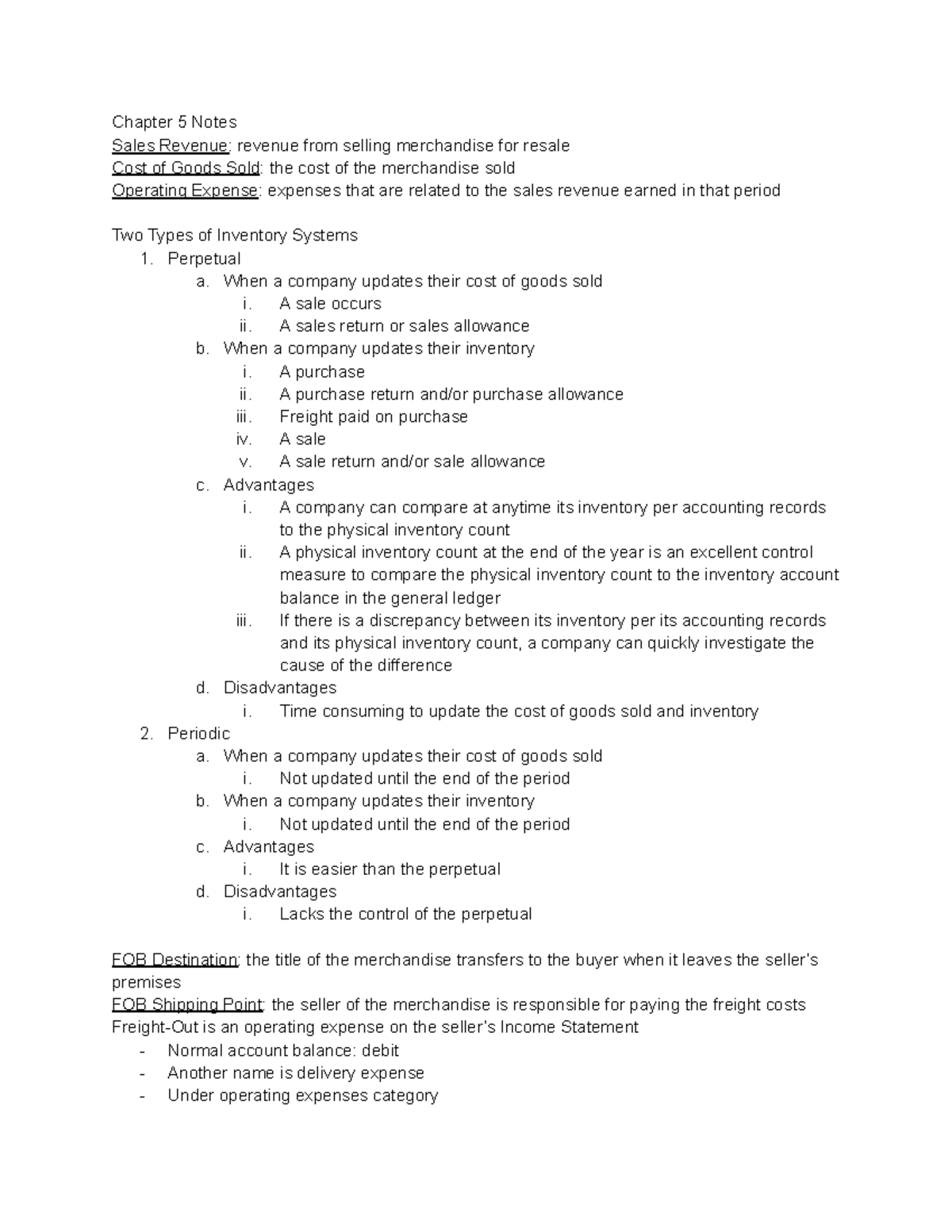 ACC 201 Chapter 5 Sales Revenue and Inventory Systems Notes - Studocu