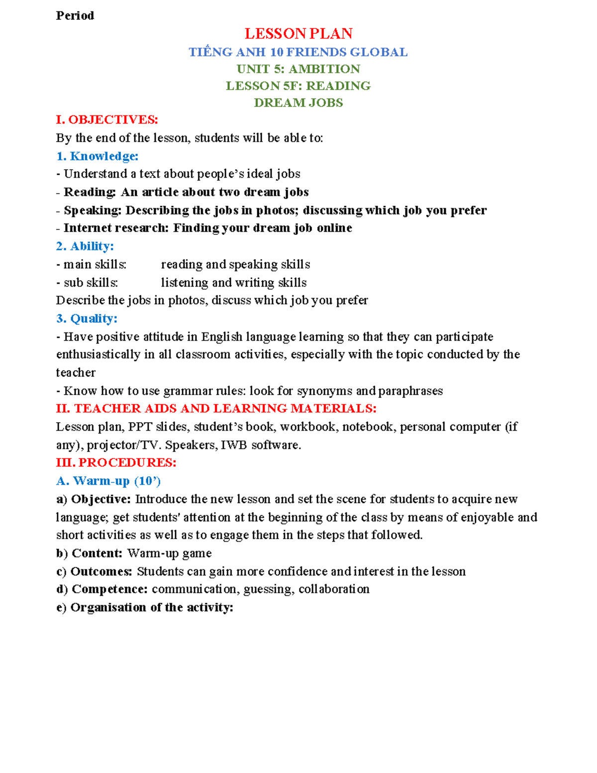 Lesson Plan 5F: Dream Jobs Unit for English 10 Friends Global - Studocu