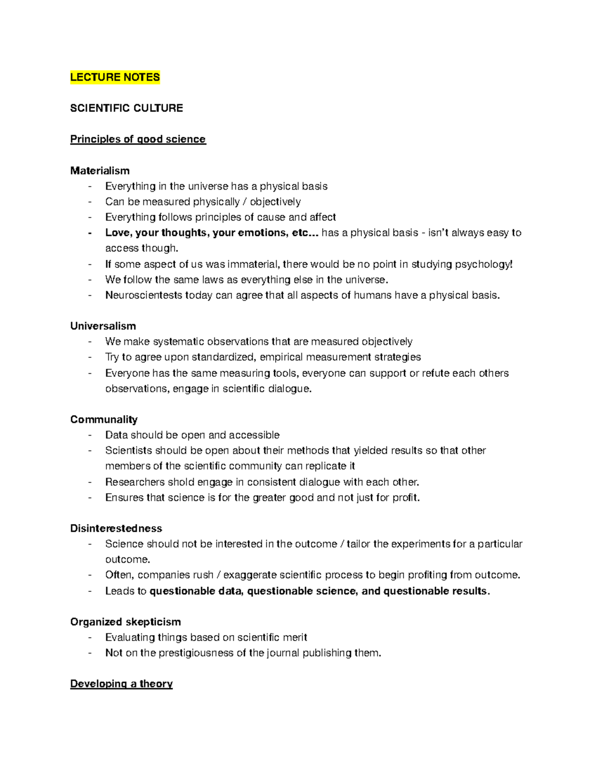 PSYC 101 Chapter 2 Notes - LECTURE NOTES SCIENTIFIC CULTURE Principles ...