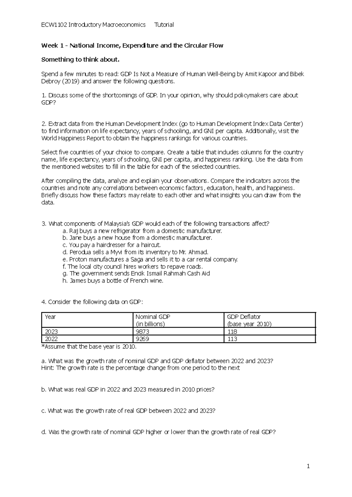 ECW1102 Introductory Macroeconomics Tutorial Week 1: GDP & HDI Analysis ...