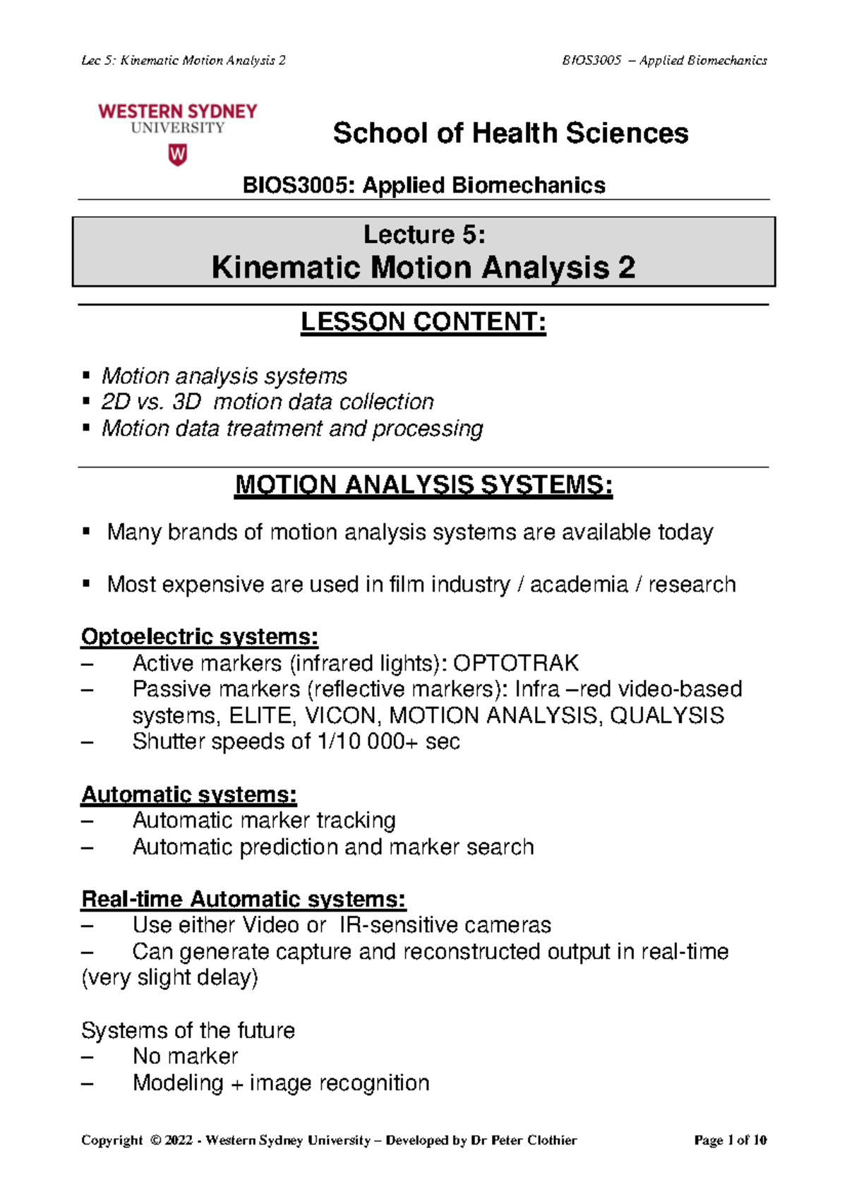 BIOS3005 Applied Biomechanics: Lecture 5 - Advanced Kinematic Motion ...