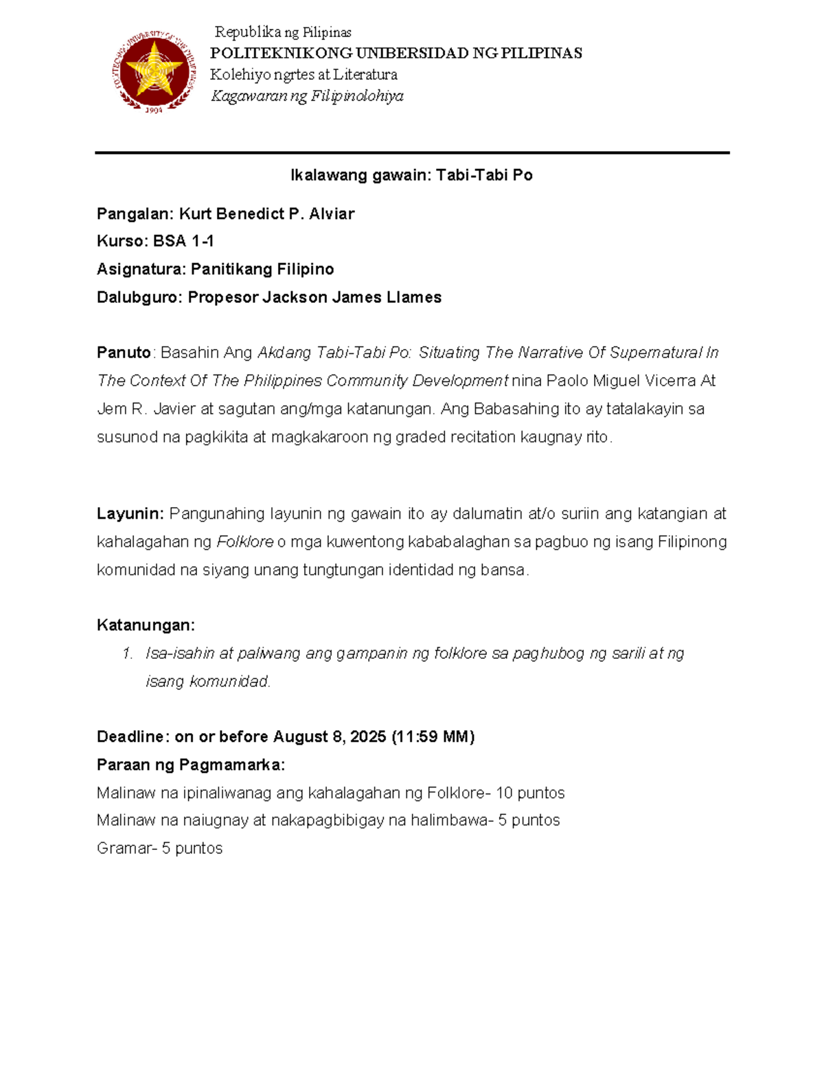 BSA Panitikang Filipino: Pagsusuri sa Folklore at Komunidad - Studocu