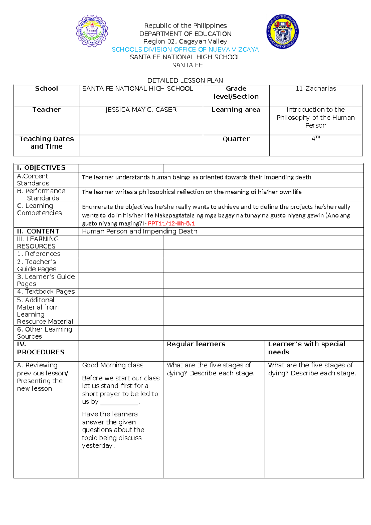 Detailed Lesson Plan for Introduction to the Philosophy of the Human ...