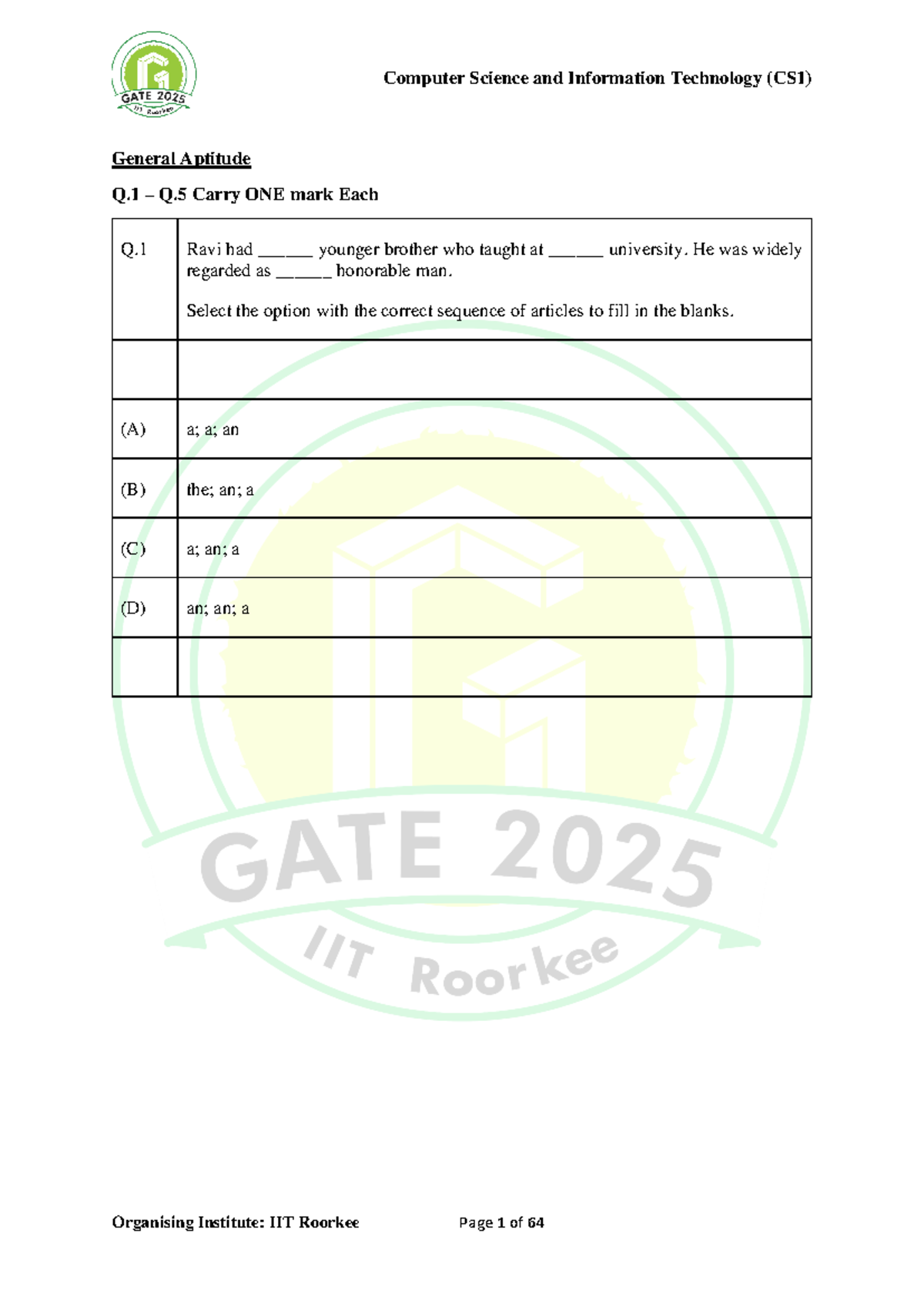 GATE CS1 2025 Set 1 General Aptitude Questions and Answers - Studocu