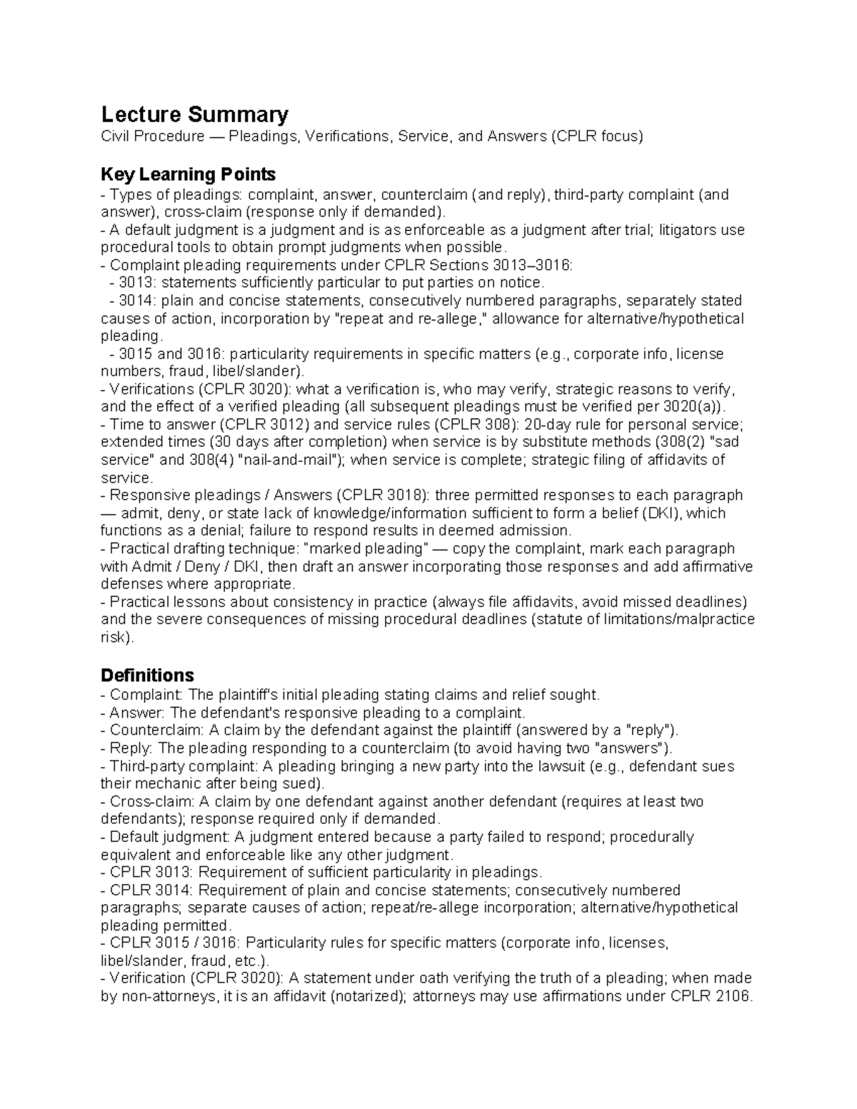 CPLR Lecture Summary: Pleadings, Verifications, and Service Insights ...