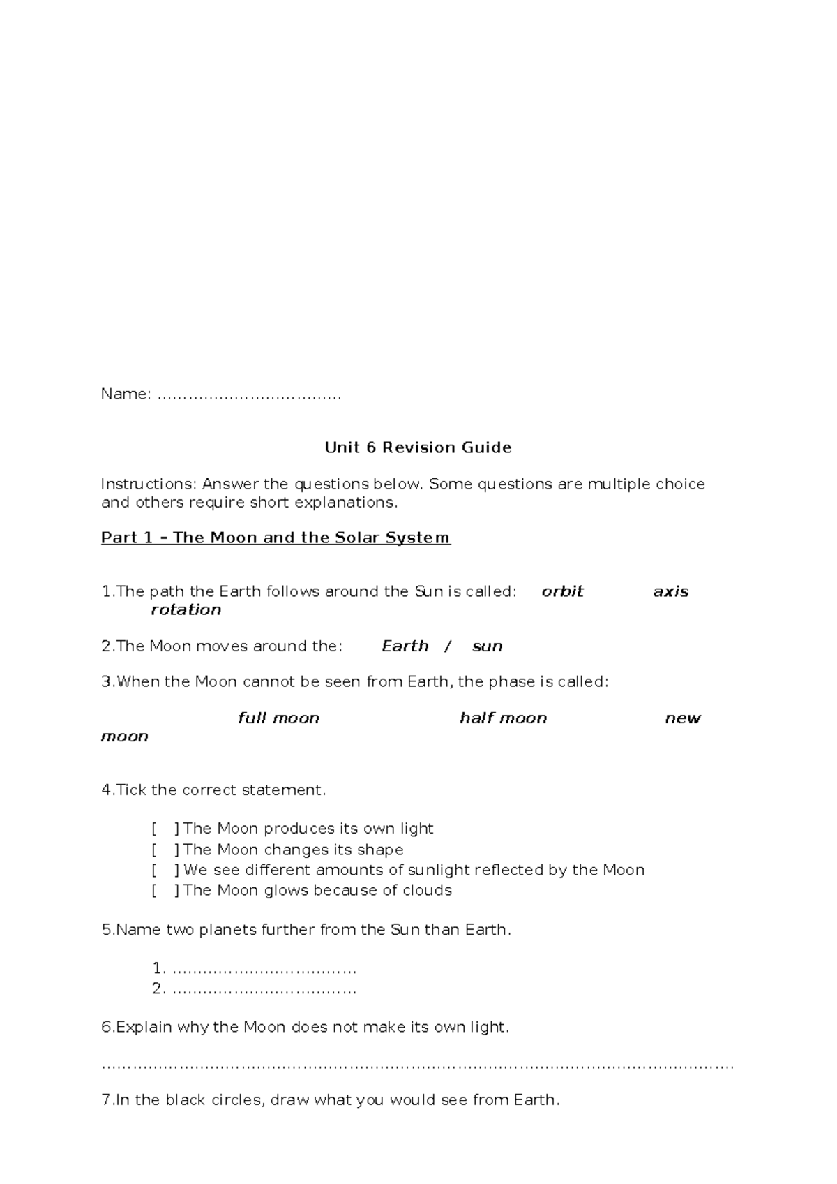 Unit 6 Revision Guide: The Moon, Light & Refraction Concepts - Studocu