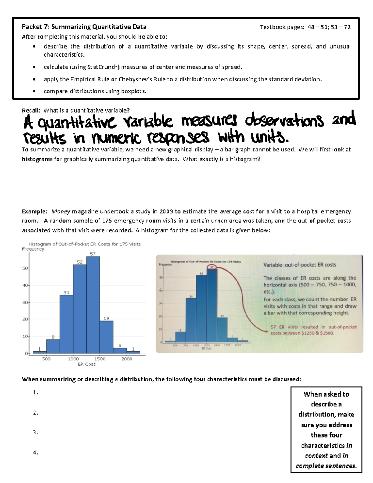 Packet 7 - Summarizing Quantitative Data - calculate (using StatCrunch ...
