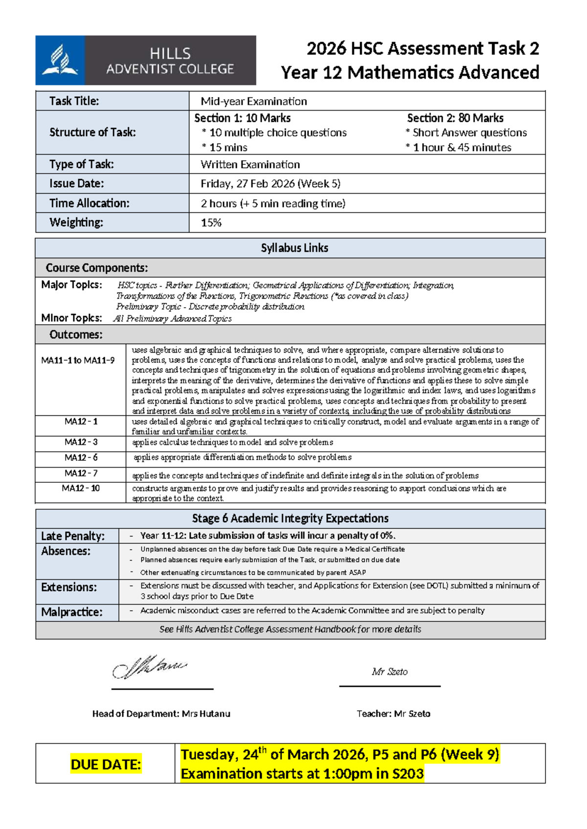 2026 HSC Year 12 Mathematics Advanced Exam Task 2 Details - Studocu