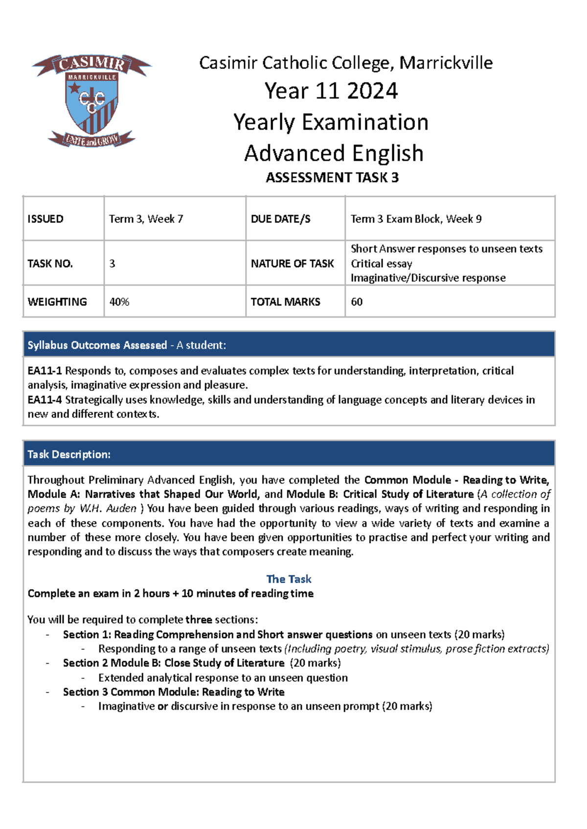 2024 Yr 11 Adv Eng Yearly Exam Notification - Task 3 Details - Studocu
