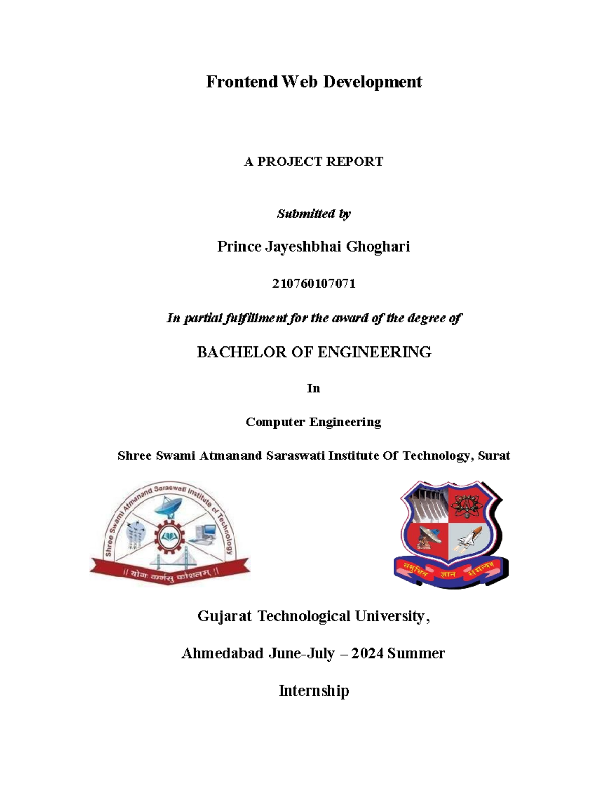 Final Internship Report on Frontend Web Development (210760107071 ...