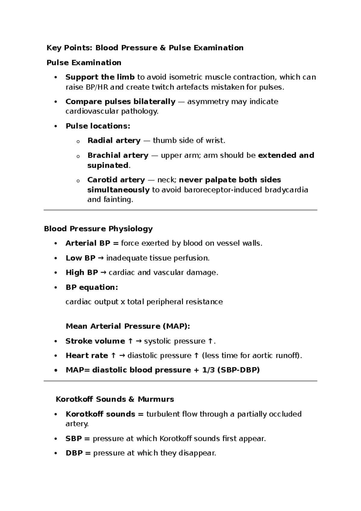 Blood Pressure Practical: Key Points on Pulse Examination - Studocu