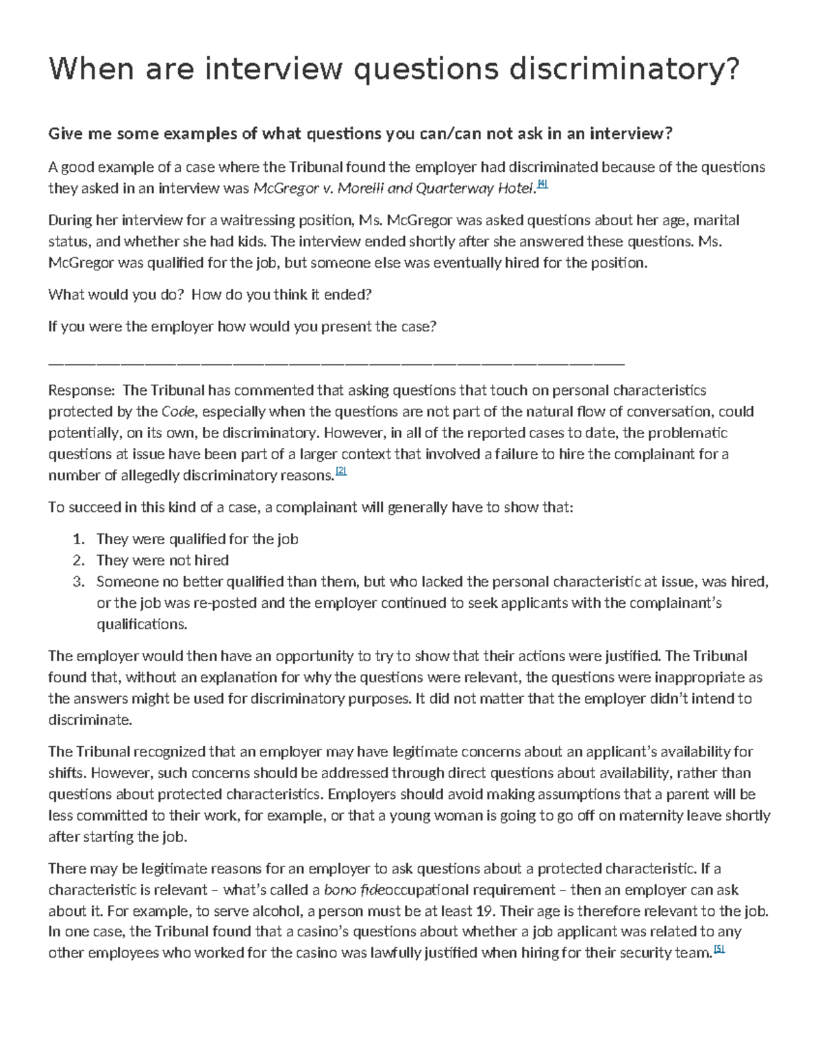 Class 3 Case Discussions: Discriminatory Interview Questions and ...