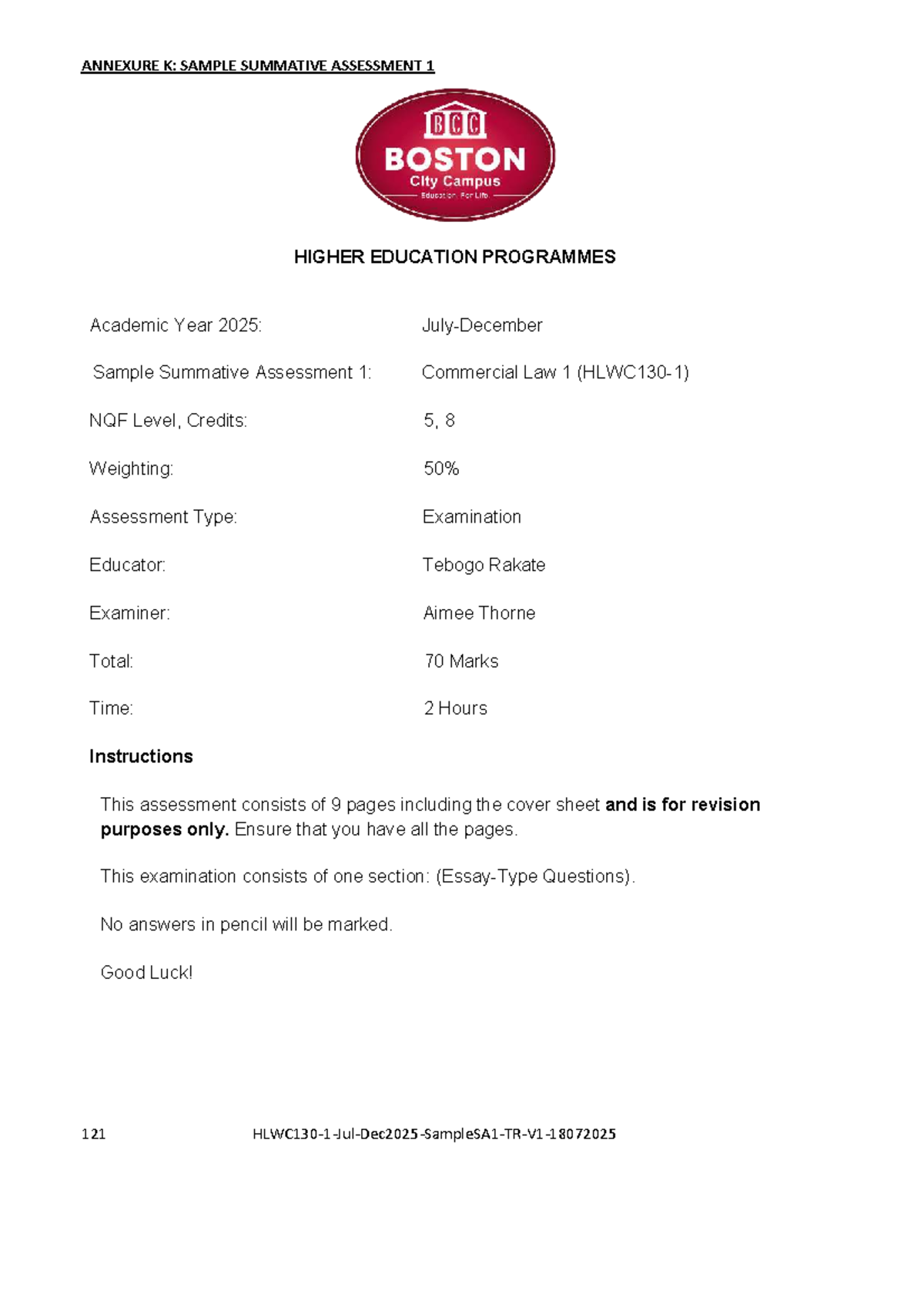 Sample Summative Assessment 1: Commercial Law 1 (NQF Level 5) Memo ...