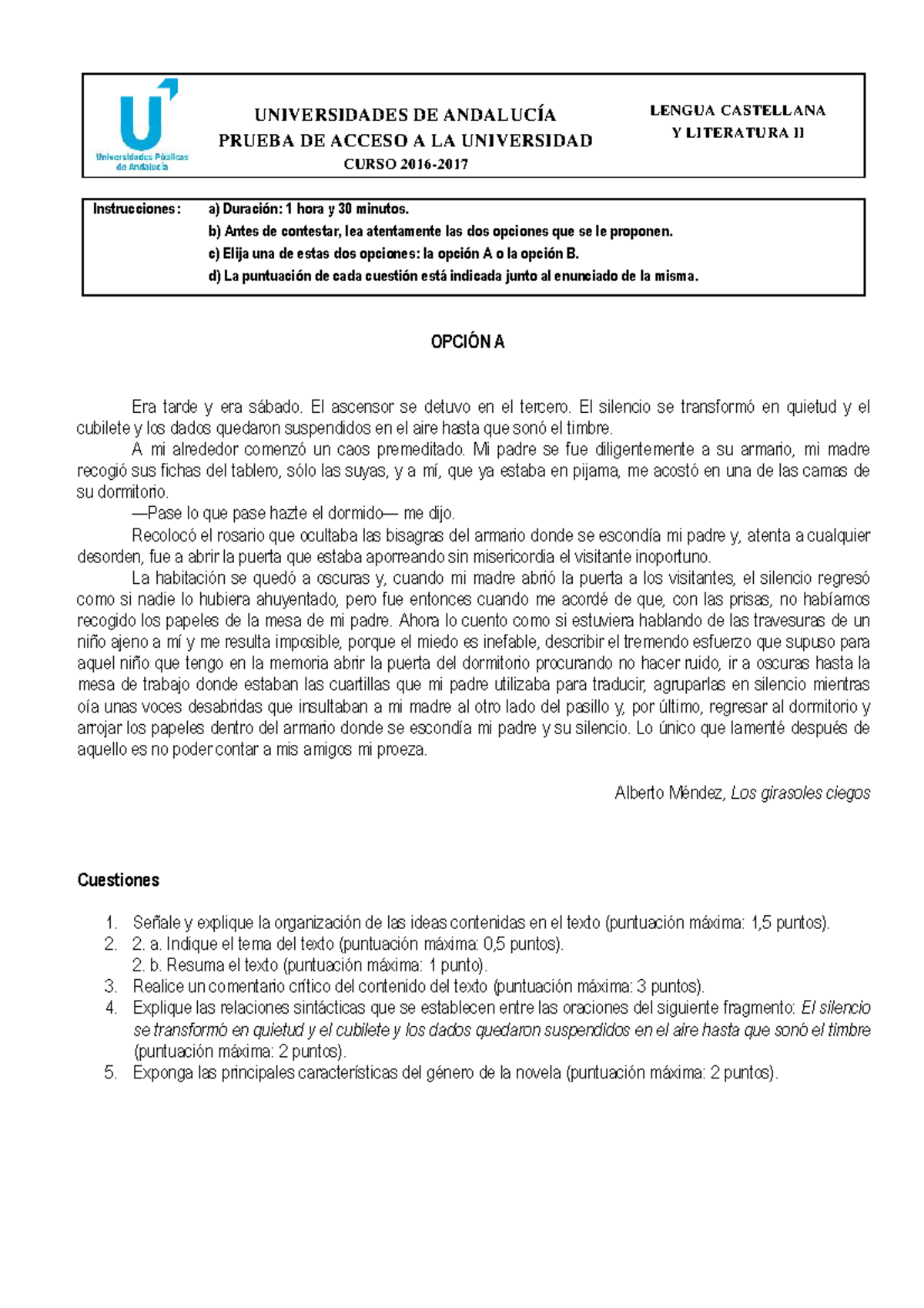Examen de Acceso a la Universidad: Lengua Castellana y Literatura II ...