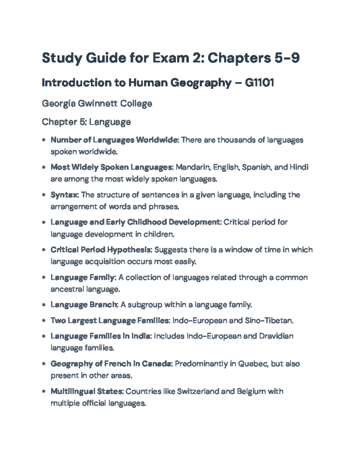 Study Guide for Exam 2: Key Concepts from Chapters 5-9 in Human ...