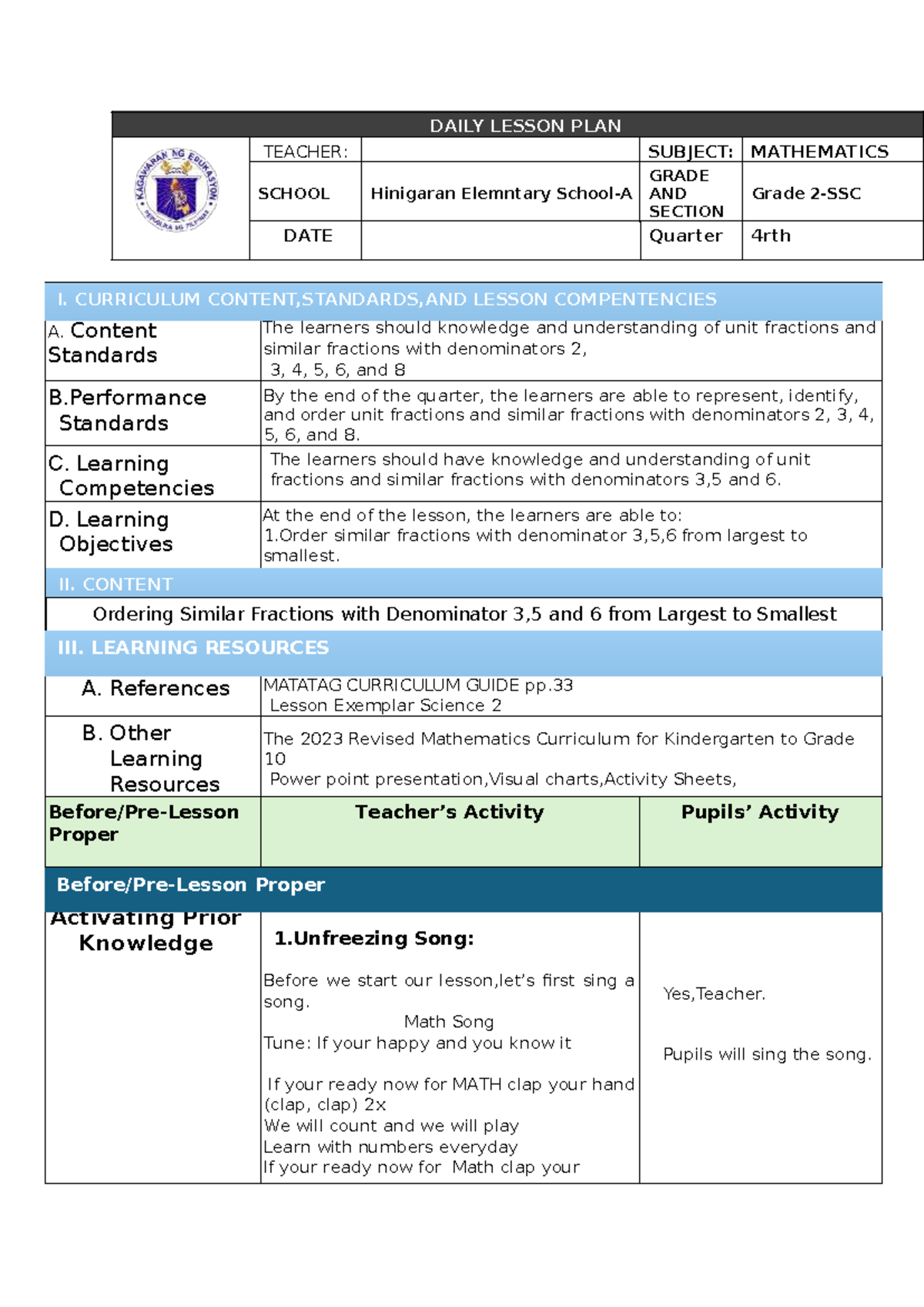 MATH D4: Daily Lesson Plan on Ordering Similar Fractions - Studocu