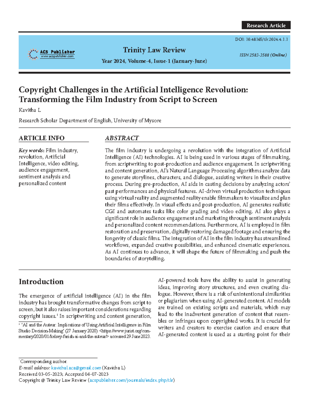 Copyright Challenges in AI: Transforming Film Industry (2024) - Studocu