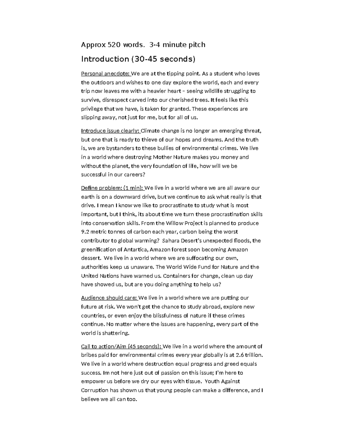 Pitch Script: Climate Change Awareness - Final Qutyou 006 - Studocu