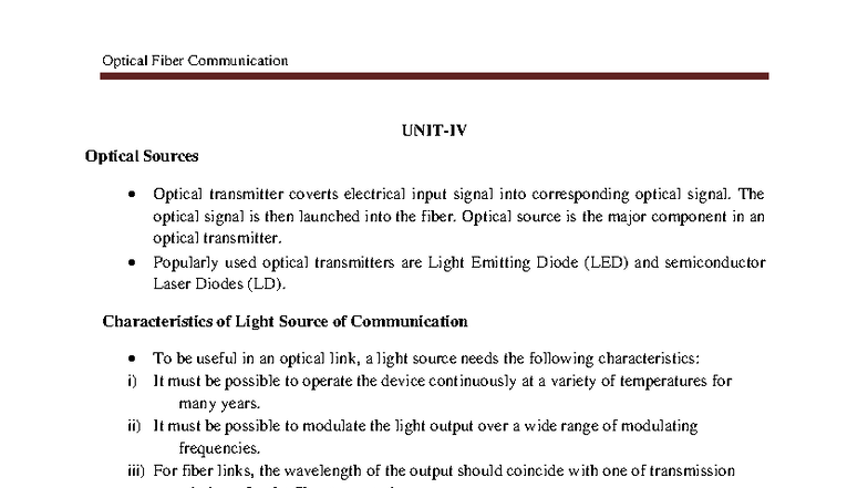 Optical Fiber Communication: Sources & Transmitters (OC UNIT-4) - Studocu