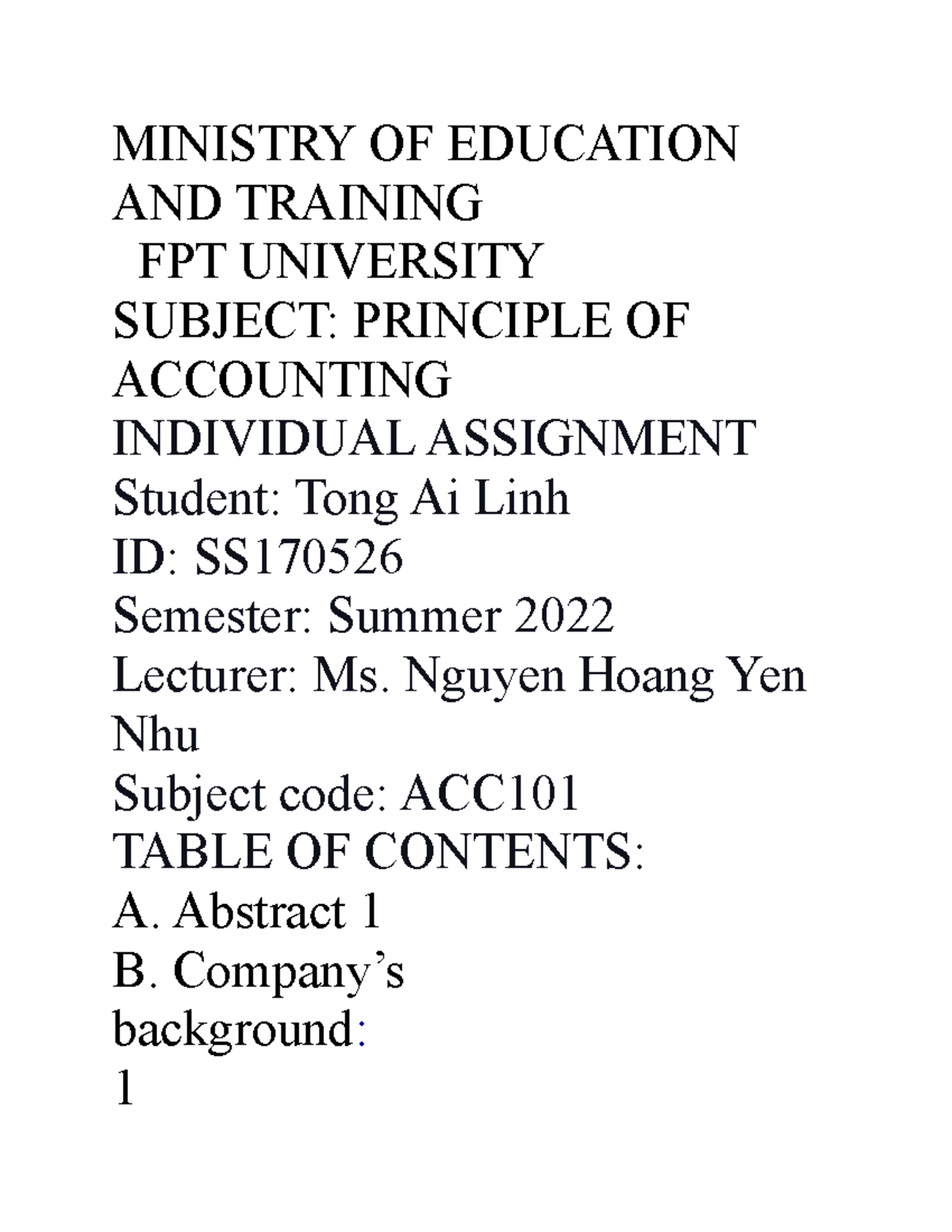Individual Assignment ACC101: Principles of Accounting Analysis - Studocu
