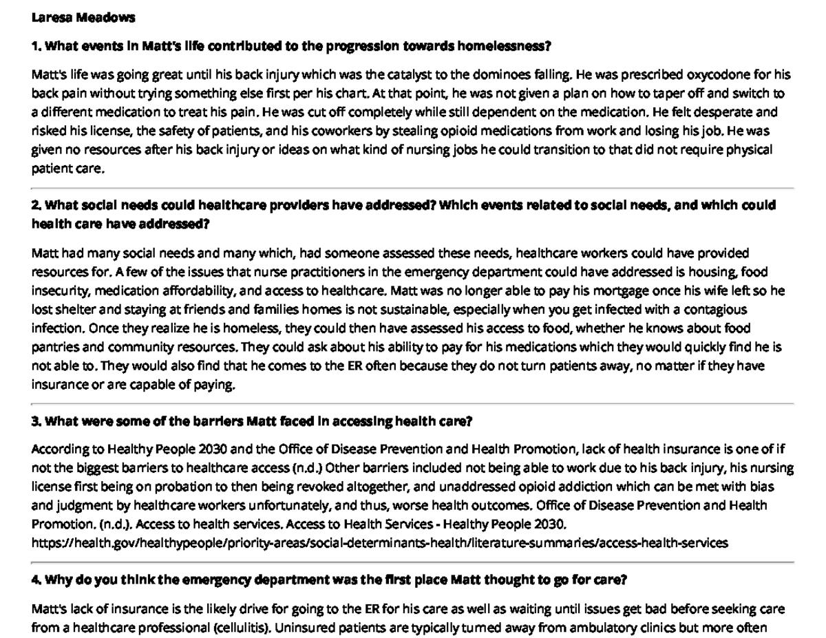 Access to Care: Examining Matt's Journey to Homelessness Case Study ...