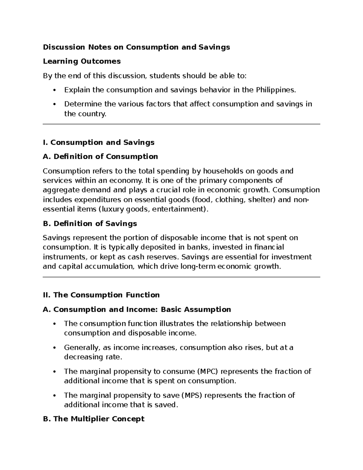 Week 5 Discussion Notes on Consumption and Savings in the Philippines ...
