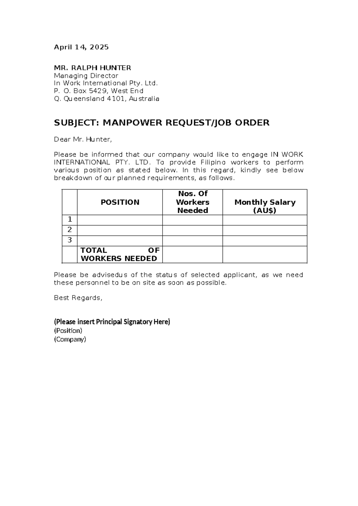 Manpower Request for Filipino Workers - April 2025 - Studocu