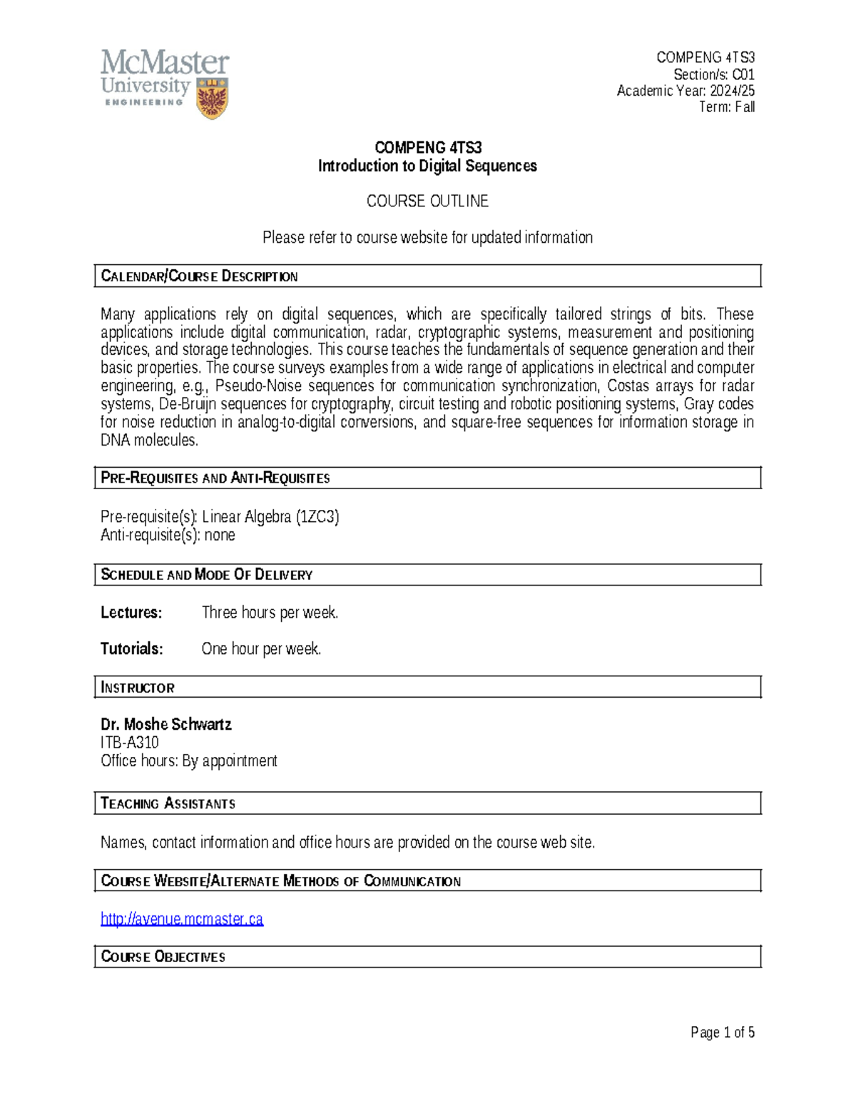 COMPENG 4TS3 C01 Fall 2024 Course Outline: Introduction to Digital ...