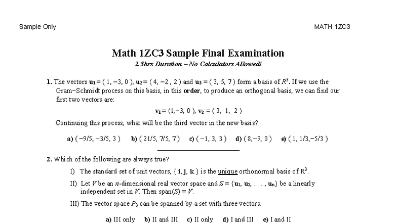 Sample Final Exam Review MATH 1ZC3 - Key Concepts and Solutions - Studocu
