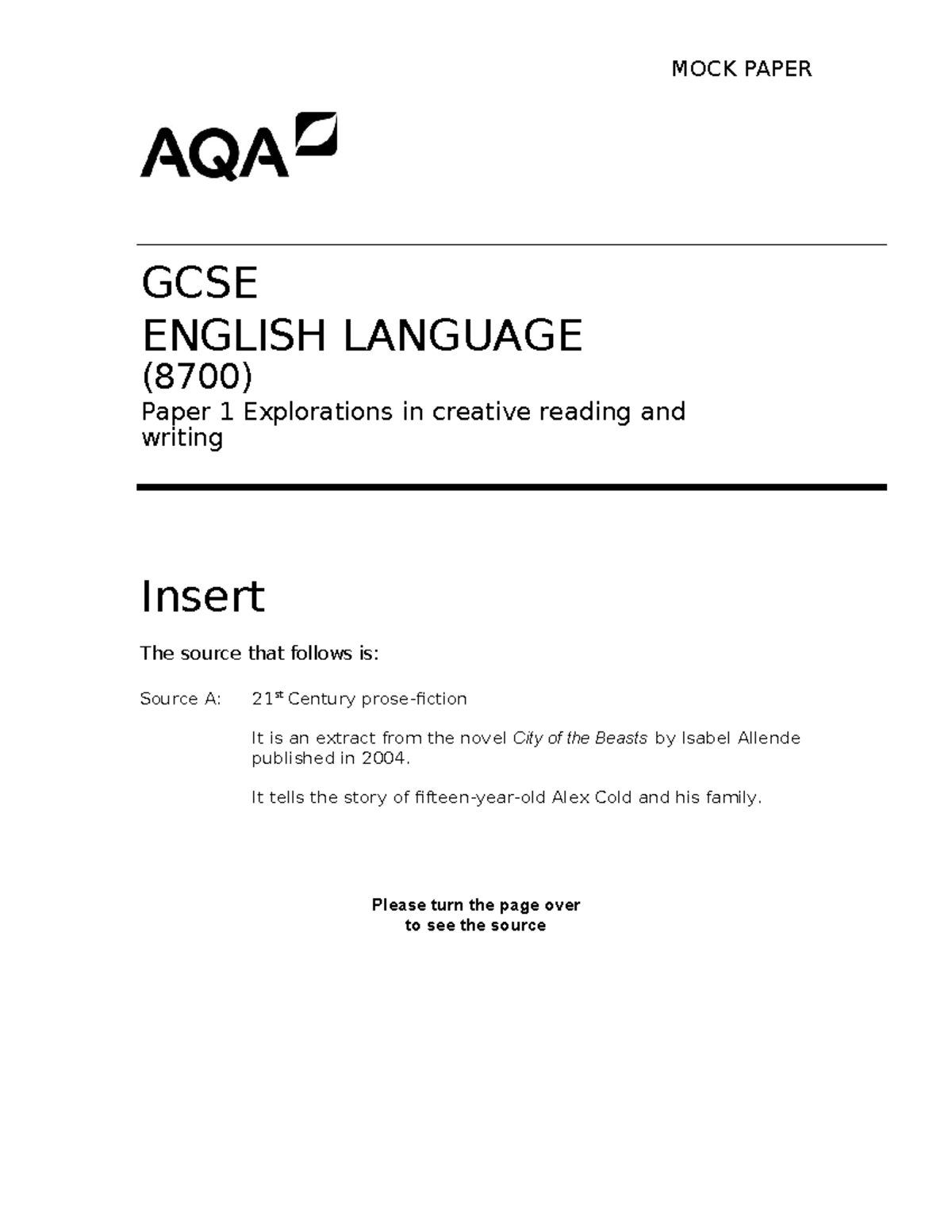 GCSE ENGLISH LANGUAGE (8700) Paper 1 Specimen Insert - City of the ...