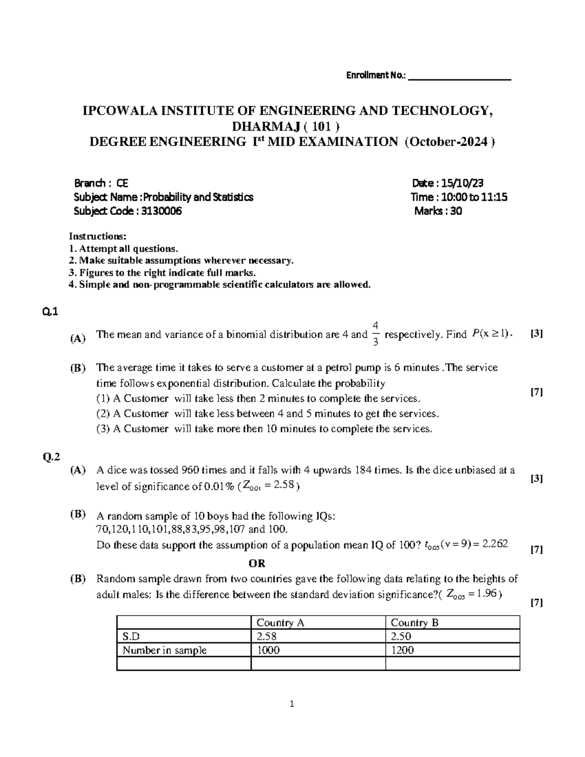 2024 internal paper - IMP - 1 Enrollment No ...