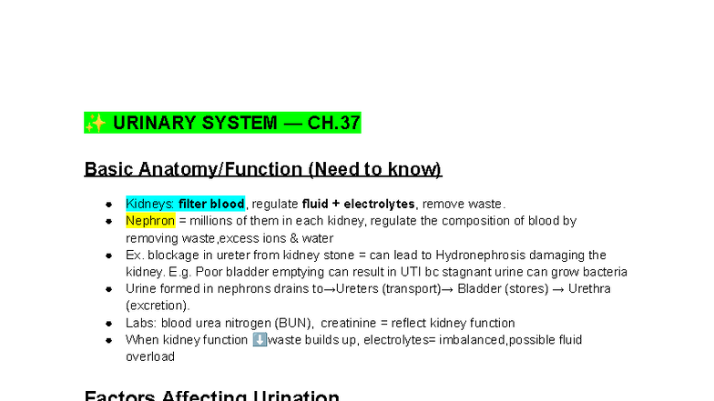 Exam 6 Study Guide: Urinary System & Gastrointestinal Health (Ch. 37-38 ...