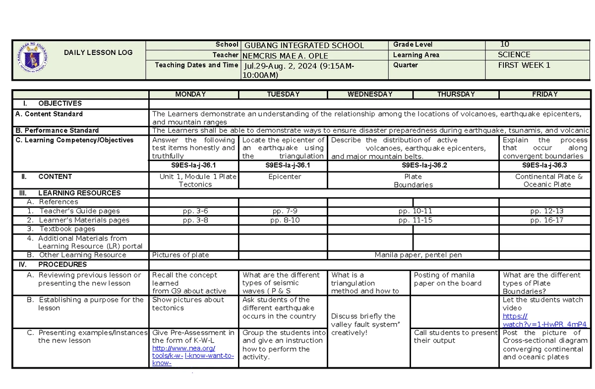 **Title: 1st Quarter Science Daily Lesson Log for Grade 9 - Jade (Part ...