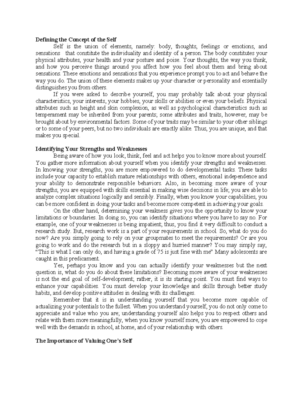 PSY101: Understanding the Concept of the Self and Self-Awareness - Studocu