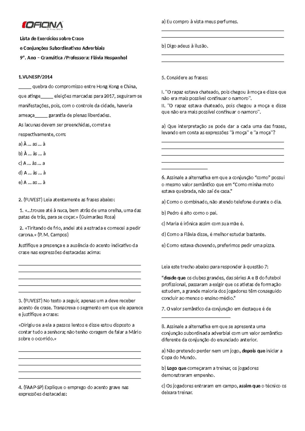 Lista de Exercícios sobre Crase e Conjunções Subordinativas - 9º Ano ...