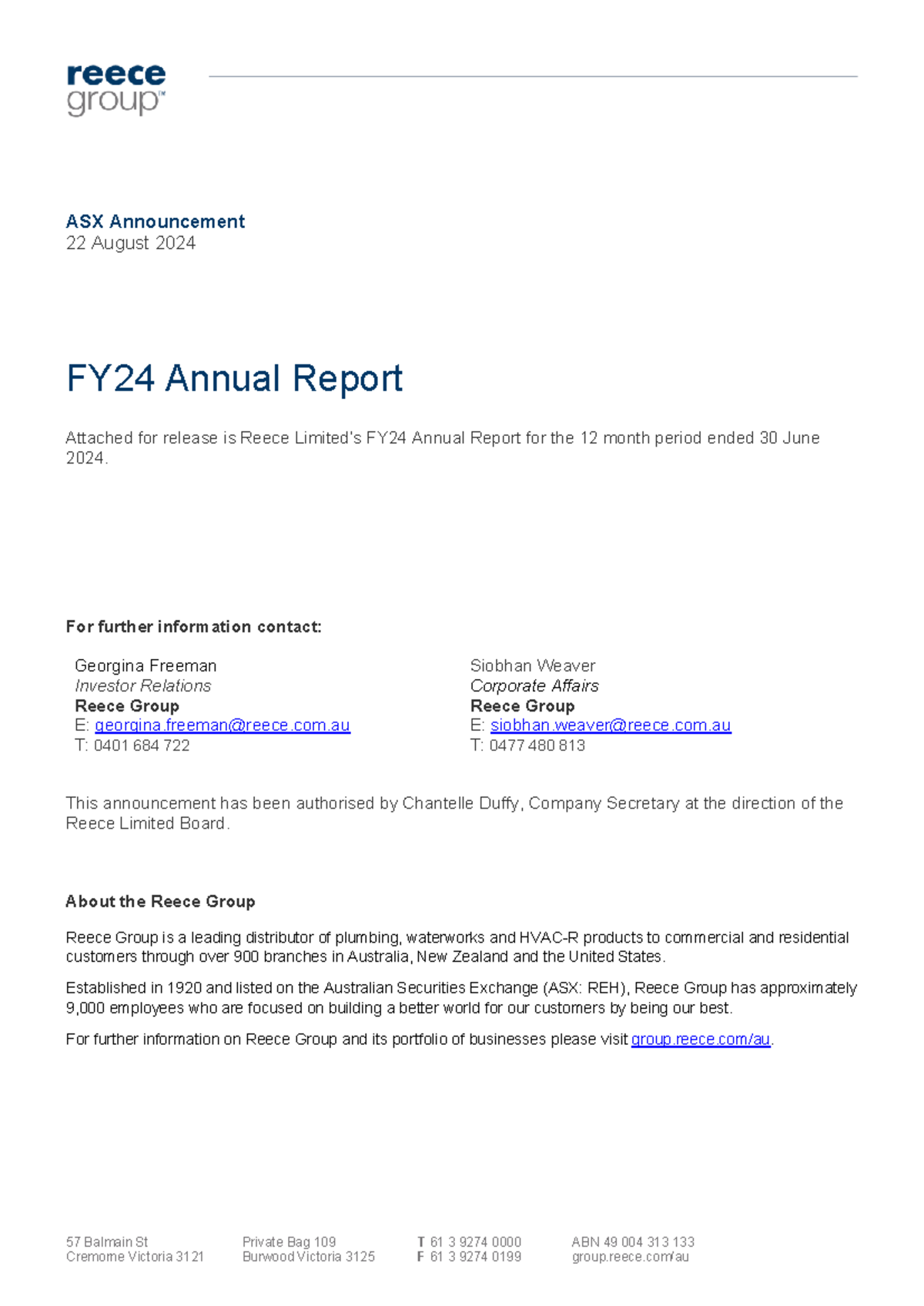 Reece Group FY24 Annual Report: Insights and Strategic Highlights - Studocu