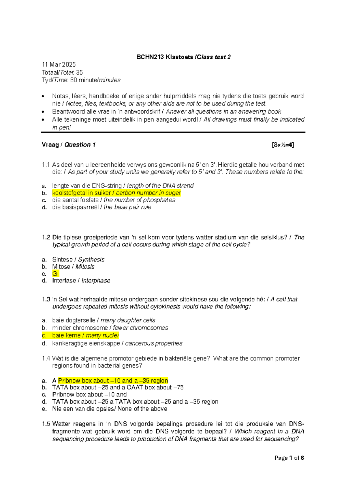 BCHN213 Test 2 Memo: Key Concepts and Answers for March 2025 - Studocu