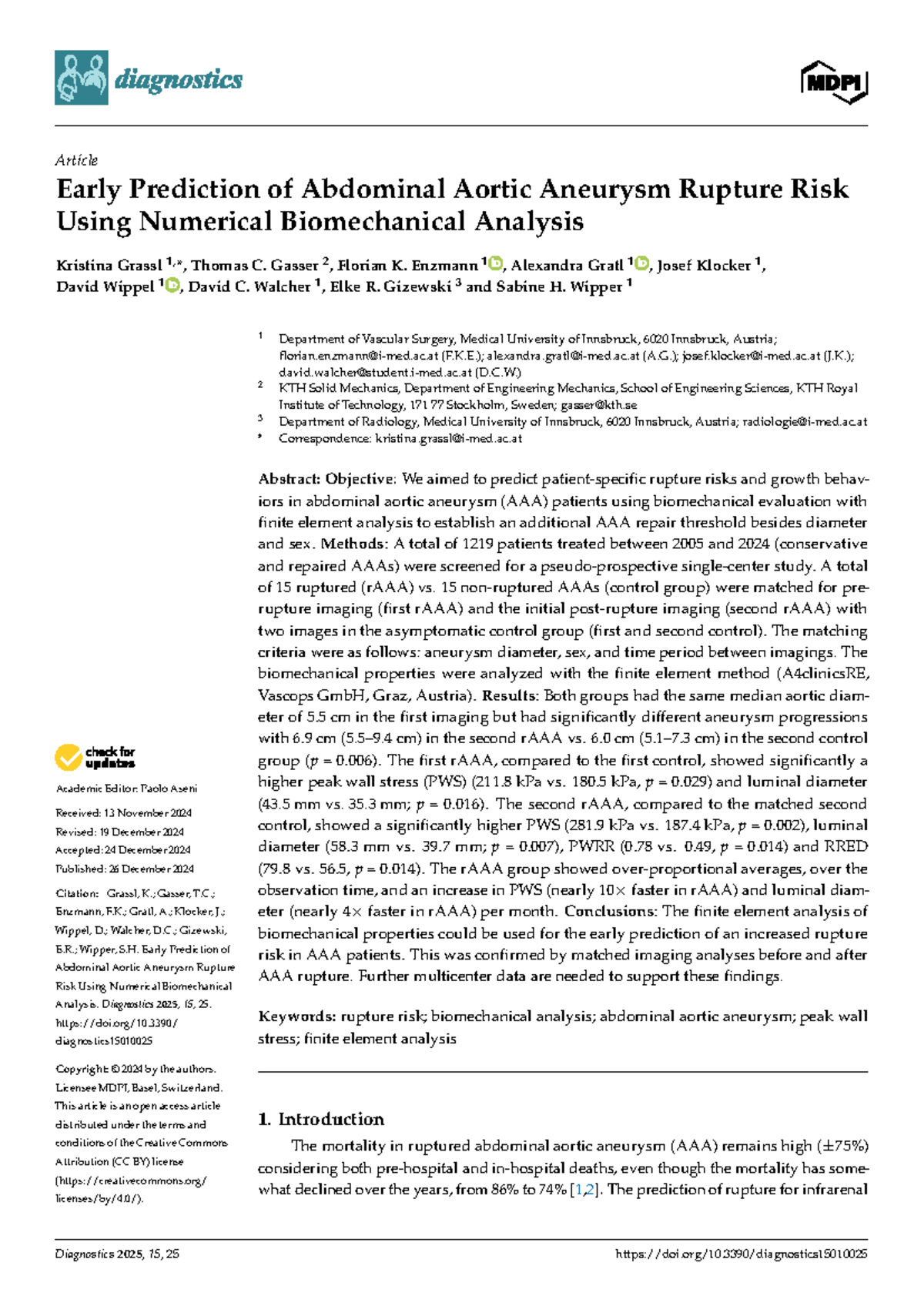 Early Prediction of AAA Rupture Risk via Numerical Biomechanical ...