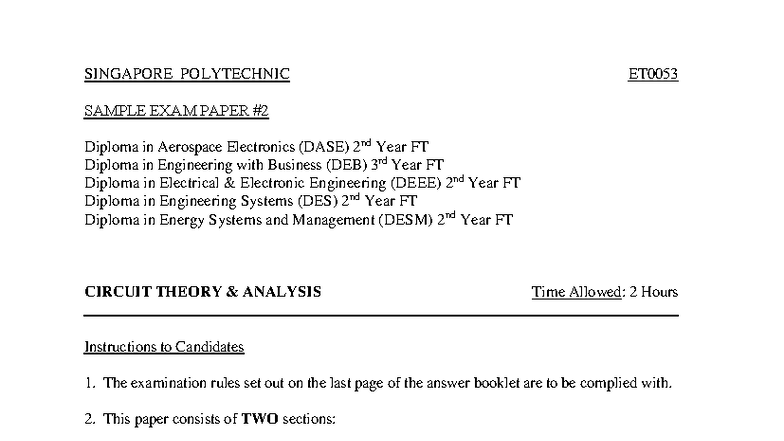 SINGAPORE POLYTECHNIC ET0053 CIRCUIT THEORY ANALYSIS SAMPLE EXAM PAPER ...