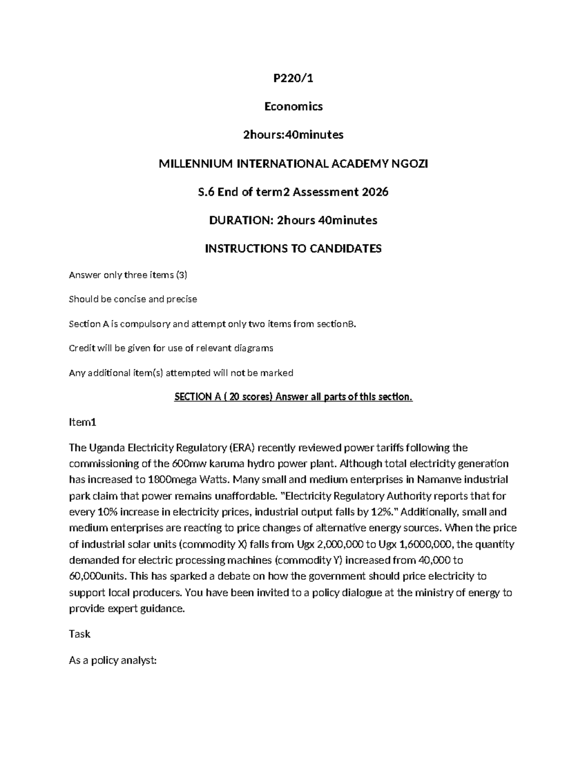 S.6 ECON: End of Term 2 Assessment 2026 - 2hr 40min Exam Guide - Studocu