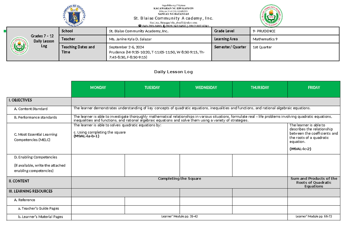 WEEK 6-DLL-9-Math: Completing the Square & Quadratic Equations - Studocu