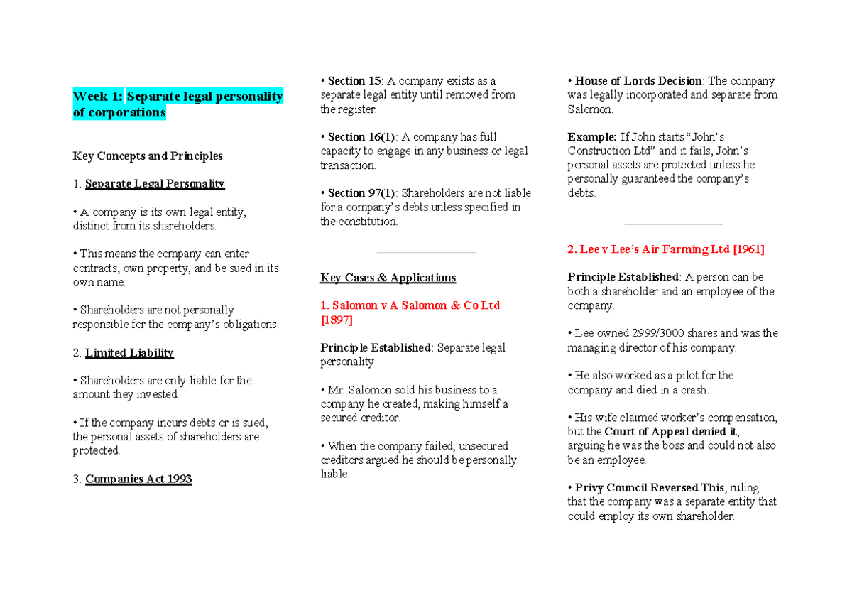 Legal 304 - Key Concepts of Corporate Personality and Agency Law - Studocu