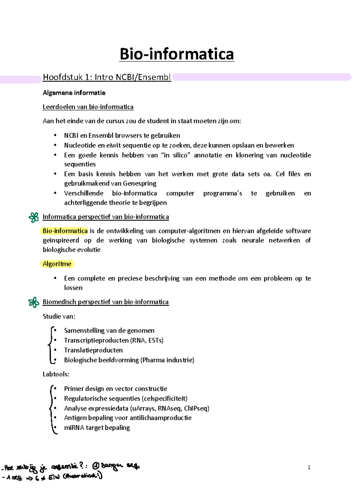 HOC 1-4 - Introductie in Bio-informatica en NCBI Analyse - Studocu