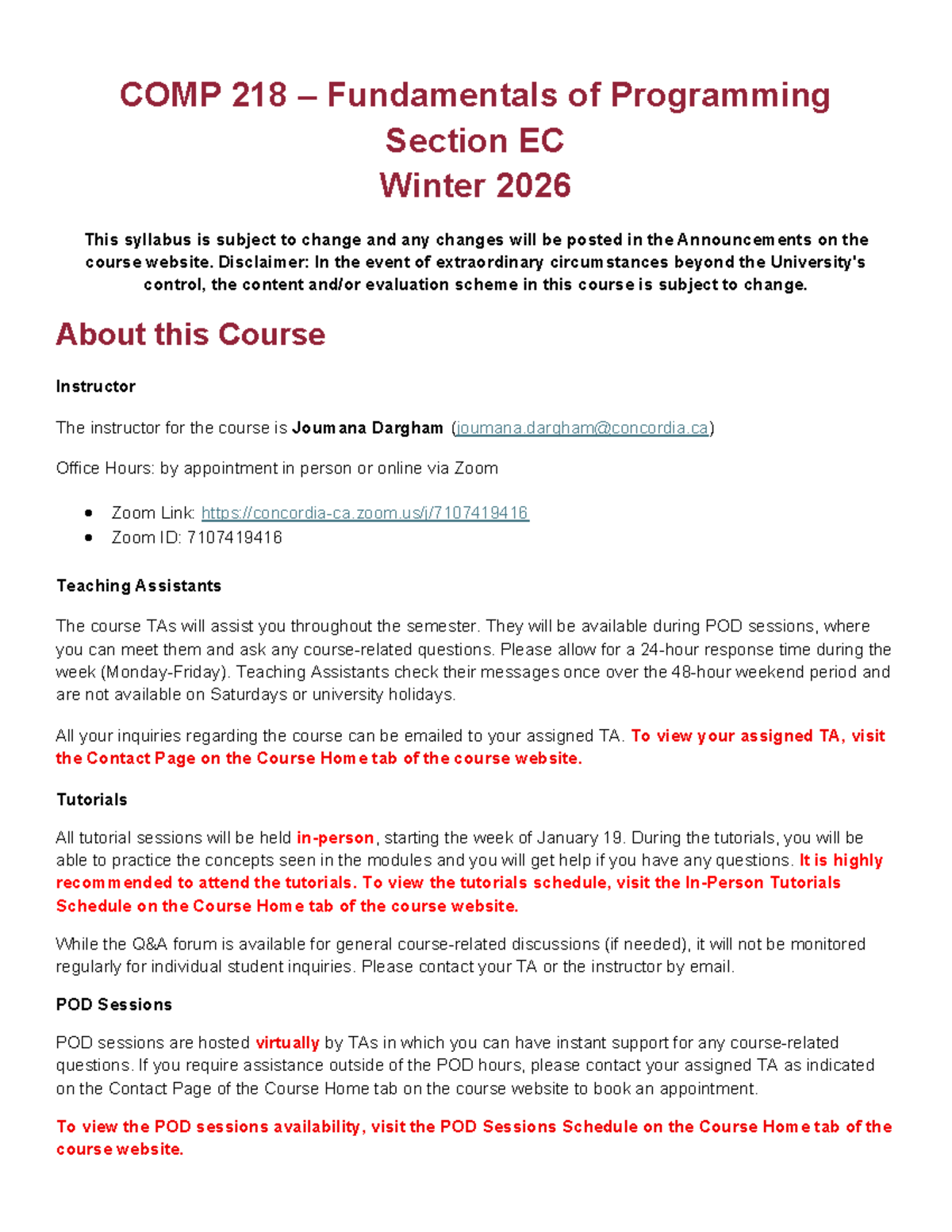 COMP 218 Winter 2026 Programming Course Outline & Agenda - Studocu
