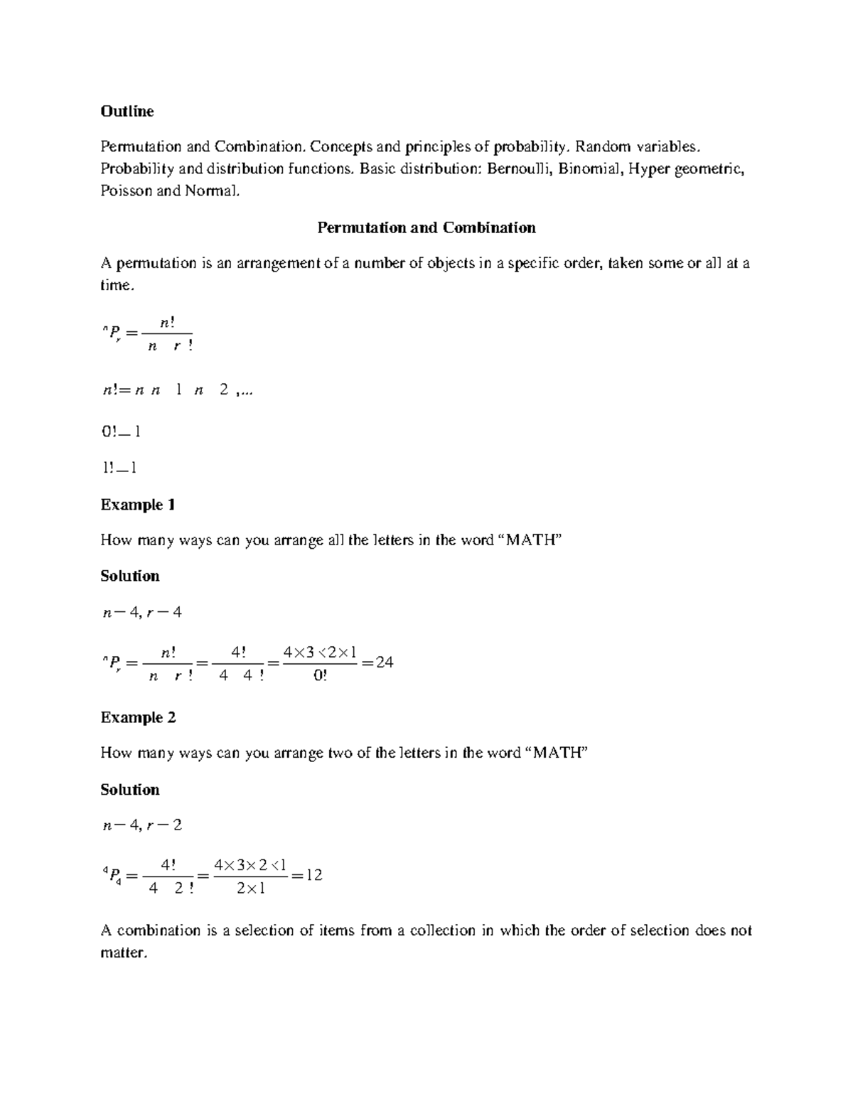 STA 102 Lecture Notes: Permutations, Combinations & Probability ...