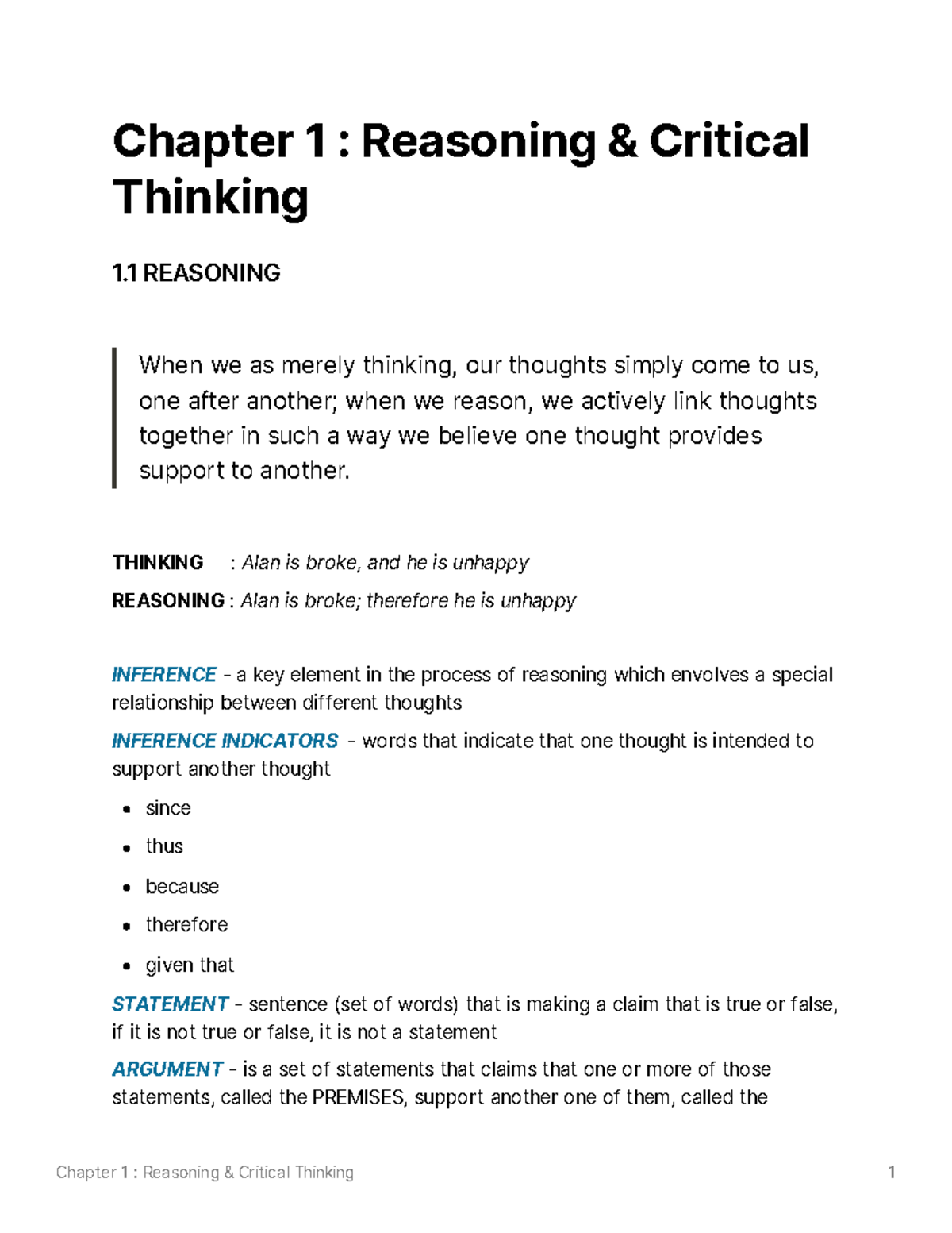 Chapter 1: Reasoning and Critical Thinking (Course Code) - Studocu