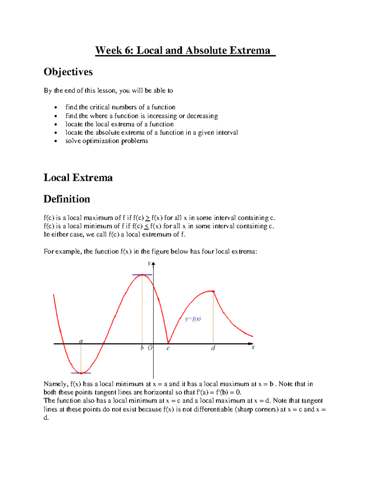 Week 6 - Local and Absolute Extrema Study Notes for Calculus - Studocu