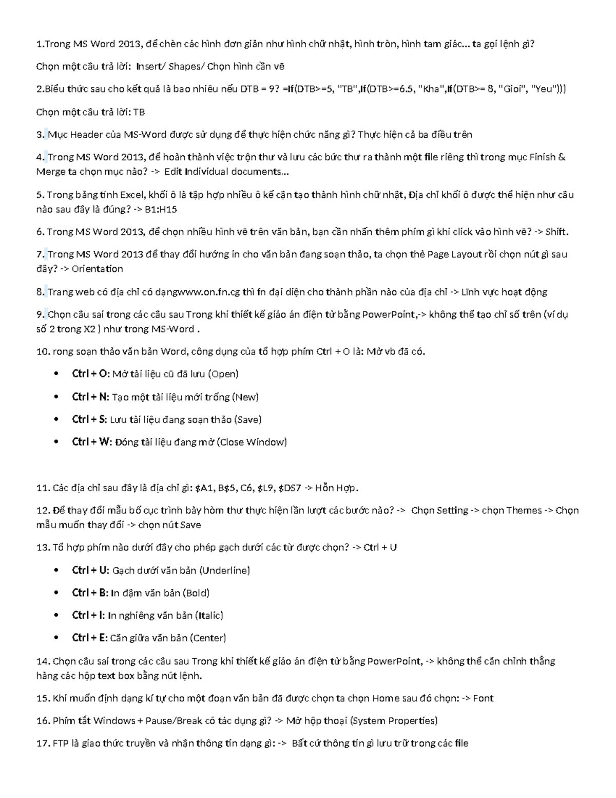 Ôn Tập Tin Học - MS Word & Excel 2013 Quiz Notes - Studocu
